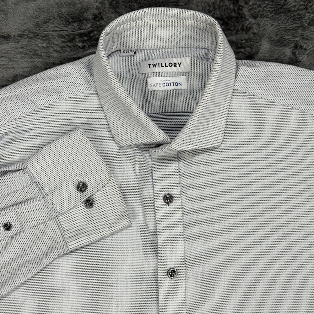 Twillory Dress‎ Shirt Mens 17 34/35 Blue White Tailored Fit Non-Iron Safe Cotton
